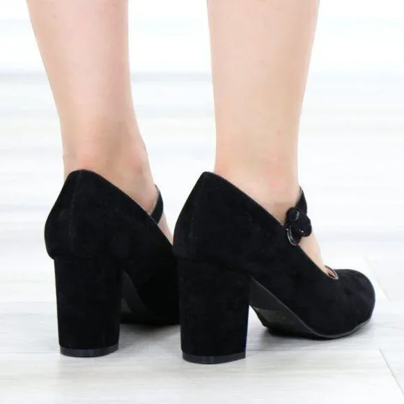 Black Mary Jane Shoes Faux Suede Buckle Strap Chunky Block Heel - Picture 11 of 13